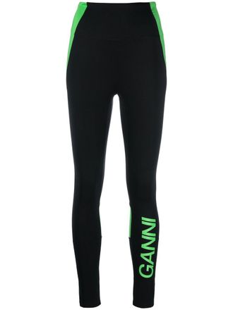 Ganni logo-print panelled leggings - women - Elastane/Elastane/Recycled Polyamide/Recycled Polyester - 4XL - Black