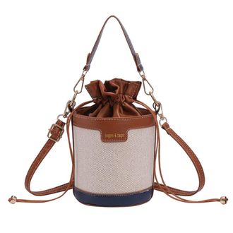 Generic Women Vintage Patchwork Cylinder Shoulder Bag Mini Drawstring Crossbody Bags Female PU Leather Handbags (Blue)