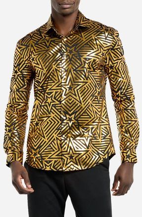 OppoSuits Golden Geo Star Modern Tailored Fit Button-Up Shirt in Black at Nordstrom, Size Xxx-Large