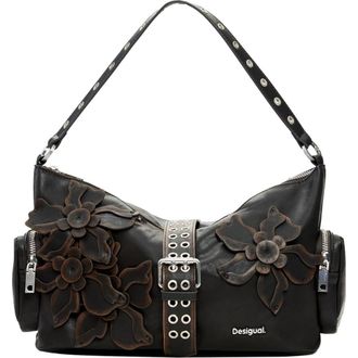 Desigual Medium Floral Appliqu&eacute; Faux Leather Shoulder Bag in Dark Brown at Nordstrom
