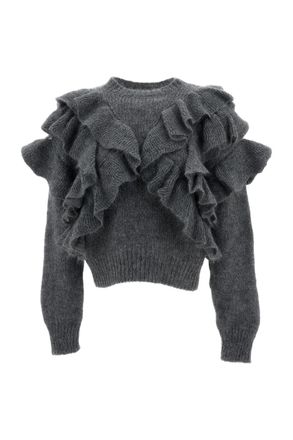 Elisabetta Franchi Grey Ruffled Wool-Mohair Cropped Sweater