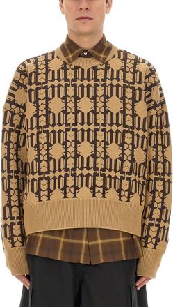 Palm Angels Beige Jacquard Crew Neck Sweater
