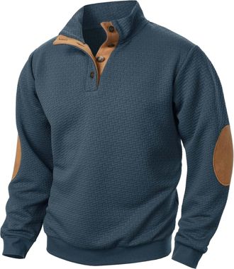 Generic Stand Collar Pullover Men, Textured Long Sleeve Pullover Hoodless Winter Warm Sweatshirt with Elbow Patch Comfortable Warm Jumpers Sweater Top Loose F