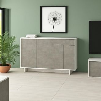 Dmora Aparador Aneto, Aparador De Sal&oacute;n, Buffet De Sal&oacute;n Con 3 Puertas Y 1 Caj&oacute;n, 100% Made In Italy, 134x35h87 Cm, Blanco Y Cemento, Con Embalaje Reforzado