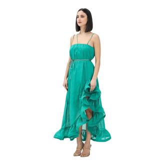 Simona Corsellini Groene Lange Jurk Romantisch Ontwerp - Dames - Feestkleedjes - Groen - 2XS - Katoen - Kleedjes