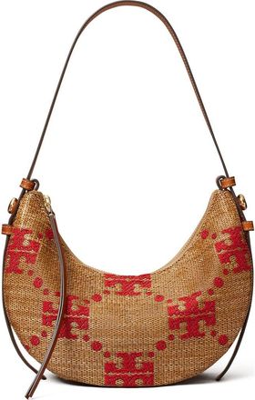 Tory Burch Romy T Monogram Straw Half Moon Shoulder Bag in Natural at Nordstrom