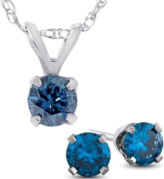 Pompeii3 3/4ct Blue Diamond Solitaire Pendant & Studs Set 10K White Gold & Chain
