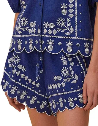 Farm Rio Linen-Blend Navy Blue Embroidered Shorts