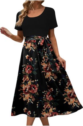 Generic Dresses for Women UK Elegant Women Dresses UK Boho Floral Crewneck Tie Belted Midi Tunic Summer Dress Plus Size Elegant Short Sleeve Flowy Maxi Sundre