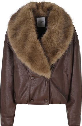 Isabelle Blanche Brown Faux Leather Fur Collar Bomber Jacket