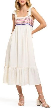 August Sky Embroidered Tie Strap Empire Waist Midi Dress in Cream at Nordstrom Rack, Size Medium