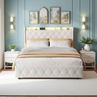 OEM Estructura De Cama 140x200 Cm - Cama Para Adultos 140x200 Cm Con 4 Cajones - Cama Doble Con Led - Somier De Lamas - Tela De Terciopelo - Beige