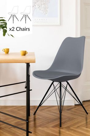 Fusion Living Set of 2 Soho Plastic Dining Chairs with Black Metal Legs in Dark Grey