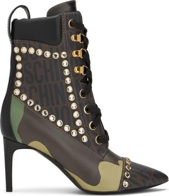 Moschino Enkellaars met Hak en Decoratieve Studs - Dames - Laarzen met Hak - Veelkleurig - 36 EU - Katoen - Schoenen