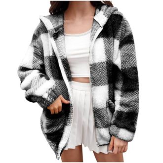 Generic Womens Casual Jacket Fleece Jackets Women Comfortable Plus Size Tartan Coats Soft Plush Fluffy Hoodies Casual Zipper Cropped Pockets Jacket Loose Thin