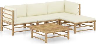 vidaXL Set De Muebles De Jard&iacute;n 5 Piezas Bamb&uacute; Y Cojines Blanco Crema Vidaxl