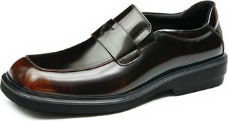 Generic Mens Chunky Block Heel Platform Loafers Comfort Slip on Casual Shoes Round Toe Patent Leather Formal Dress Shoes,Brown,7.5 UK