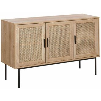 Beliani Aparador De 3 Puertas Madera Clara Frente De Rat&aacute;n Natural 76 X 120 Cm Patas De Metal Mimbre Estilo Boho Pasco