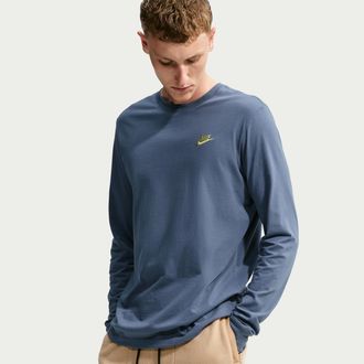 Nike Mens Nike Sportswear Club Long-Sleeve T-Shirt in Blue | AR5193-491
