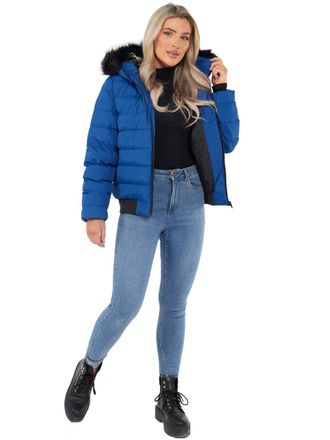 SS7 Womens Padded Faux Fur Trim Jacket Cobalt