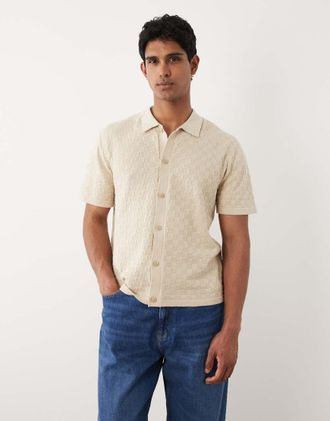 Blend Polo vestibilit&agrave; classica in maglia a rombi in misto cotone color sabbia candeggiato-Neutro