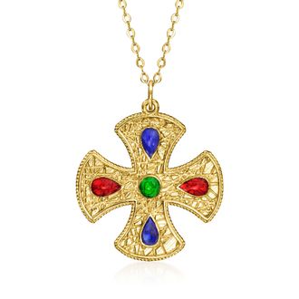 Ross-Simons Italian Multicolored Enamel Cross Necklace in 14kt Yellow Gold