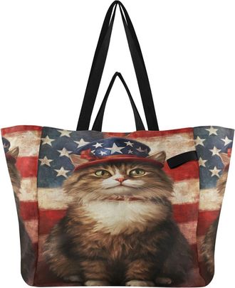 Generic Usa Flag Cat Brown print Reusable Canvas Tote Bag, Heavy Duty Grocery Shopping Bag with Large Capacity Hard Bottom Double Handles Work Groceries Trave