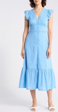 Ellen Tracy Embroidered Eyelet Cap Sleeve Cotton Poplin Midi Dress in Sky Blue at Nordstrom Rack, Size Small