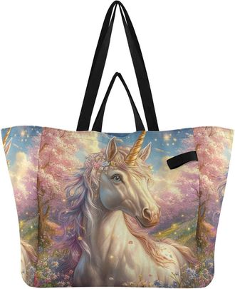 Generic Pink Floral Unicorn pattern Reusable Canvas Tote Bag, Heavy Duty Grocery Shopping Bag with Double Handles Hard Bottom Large Capacity Work Groceries Tr