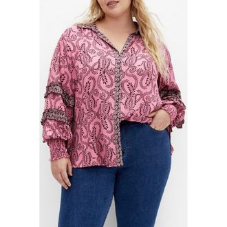City Chic Lylah Mixed Print Long Sleeve Button-Up Shirt in Pink Print at Nordstrom, Size Xxl