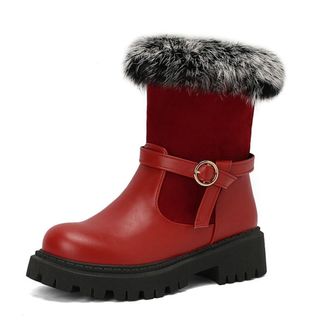 Generic Womens Faux Fur Decor Ankle Snow Boots Round Toe Chunky Heels Platform Winter Thermal Hiking Shoes (Red,7.5)