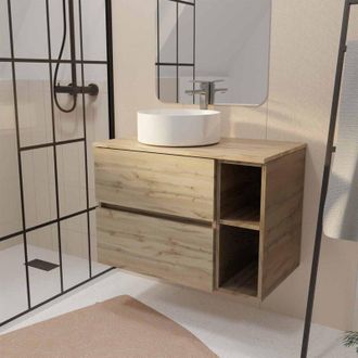 Aurlane Aurlane - Mueble de baño 80 Roble con 2 Cajones y Estantes - Encimera y Lavabo Blanco
