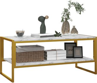 HOMCOM Two-Tier Coffee Table With Marble Effect Shelf And Metal Frame White | TJ Hughes