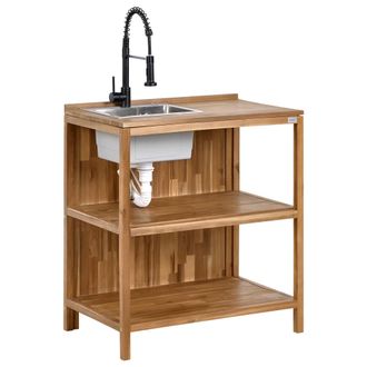 Beliani Isla De Cocina Exterior De Madera De Acacia Con Fregadero Y Grifo Estantes 50 X 80 X 90 Cm Encimera De Madera Maciza Acero Inoxidable Marr&oacute;n Y Negro V