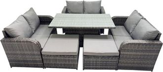 Fimous 8-seater Patio Height Adjustable Rising Lifting Table Sofa Sets Rattan Garden Furniture Dining Set with 2 Big Stools Dark Grey Mixed - Fimous