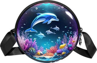 Generic Circle Crossbody Bag for Women, Dolphin Crystal Ball Small Sling Bag Daypack with Zipper Adjustable Shoulder Straps Casual Ladies Girls Round Purse