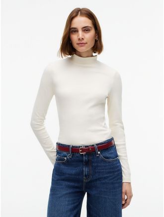 Tommy Hilfiger Womens Slim Fit Mockneck T-Shirt - Rich Cream - XXL