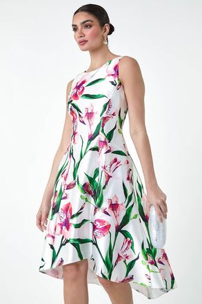 Ariella Floral Satin Feel Dipped Hem Midi Dress