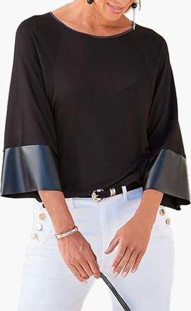 Lascana Womens Dolman Sleeve Leather Trim Top in Black at Nordstrom, Size 6
