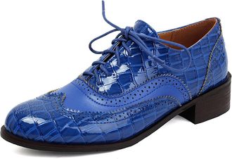 Generic Womens Lace Up Oxfords Shoes Low Block Heel Vintage Brogues Round Toe Office Dress Shoes,Blue,10.5 UK