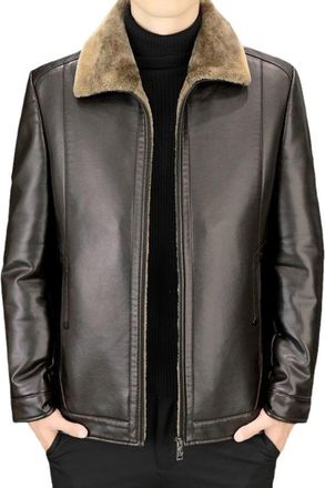 Generic Mens Winter Classic PU Leather Jacket Thickened Furry Collar Full Zipper Jackets Casual Classic Business Coat (brown,L)