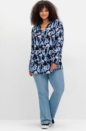 Sheego Schlupfbluse SHEEGO, Damen, Gr. 40, blau (marine, gemustert), 100% Viskose, gebl&uuml;mt, gemustert, Rundhals, Blusen Schlupfbluse