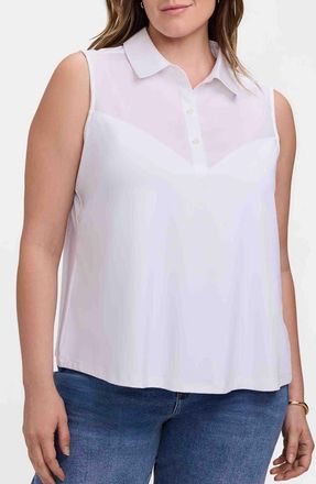 Foxcroft Ricki Mixed Media Sleeveless Button-Up Shirt in White at Nordstrom, Size 1X