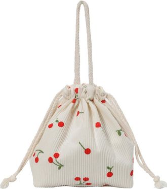 Generic Corduroy Cherry Bucket Bag for Women - Mini Cute Handbag, Casual Everyday College Travel Bag, Versatile Shoulder Hobo for Work & Outing (White)