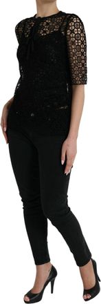 Dolce & Gabbana Womens Black Floral Lace Short Sleeves Blouse Top Cotton Silk