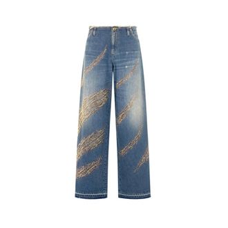Roberto Cavalli Jeans With Rhinestoned Zebra Pattern - female - Roberto Cavalli - Straight Fit Jeans - Blue - S - Jeans