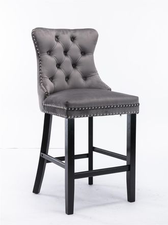 STILVORA Lote De 2 Taburetes De Bar Con Respaldo Alto Y Patas Ajustables, Tachuelas Decorativas, Terciopelo, Gris