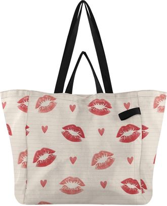 Generic Kiss Hearts Beige pattern Reusable Canvas Tote Bag, Heavy Duty Grocery Shopping Bag with Hard Bottom Large Capacity Double Handles Work Groceries Trav
