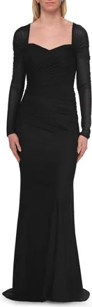 La Femme Long Sleeve Net Jersey Gown with Sweetheart Neckline in Black at Nordstrom, Size 12