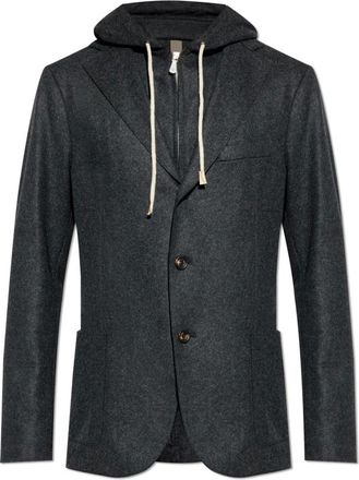 Eleventy Jassen, Heren, Grijs, L, Wol, Wollen blazer met afneembare capuchon